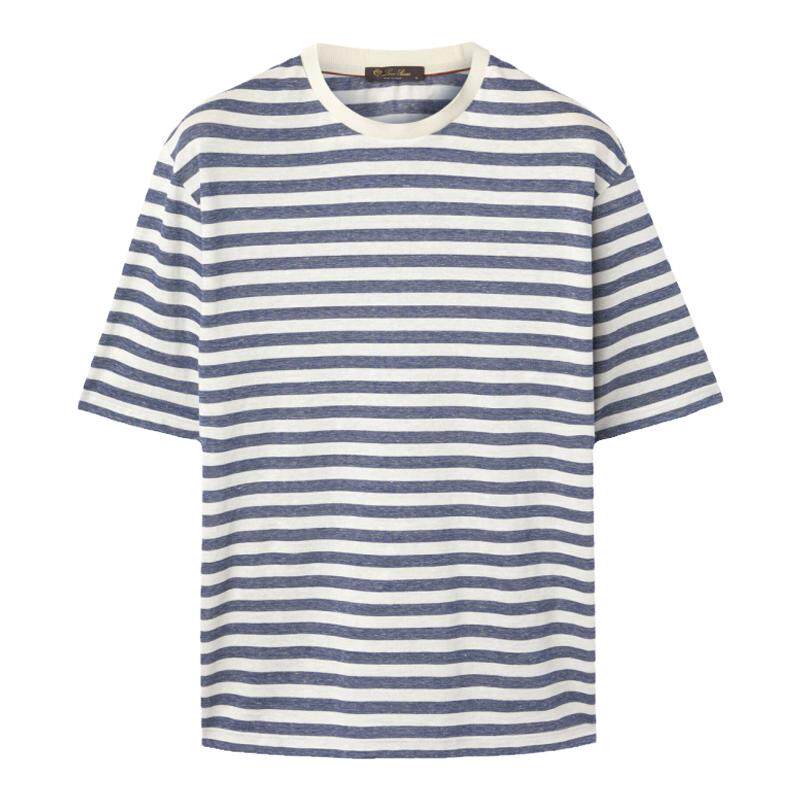 Loro Piana/诺悠翩雅男装棉质和亚麻混纺条纹图案短袖休闲T恤