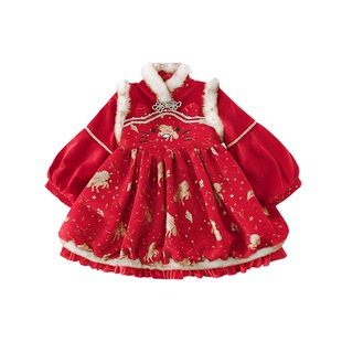 女童新年裙加绒2025新款女宝宝连衣裙长袖红色儿童裙子过年服拜年