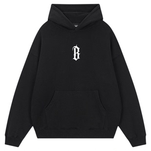 BONELESS基础B字胶浆印花加绒帽衫美式高街复古春秋重磅连帽卫衣