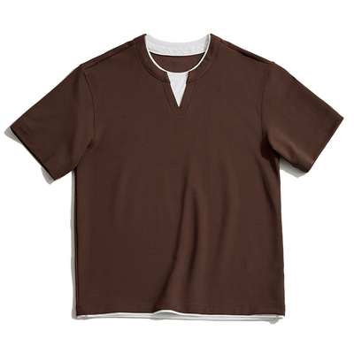 海上公路肌理感假两件V领短袖T恤男士夏季撞色宽松休闲通勤上衣服