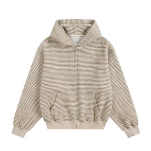 SREK美式复古秋冬毛呢人造羊毛条纹连帽卫衣宽松开衫