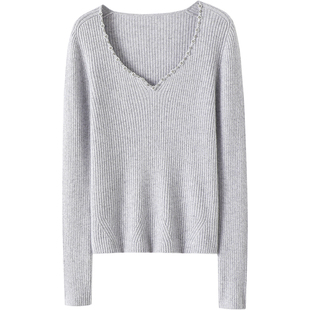 可柔美可随性!手工缝钻V领山羊绒衫女纯羊绒毛衣针织打底衫秋冬
