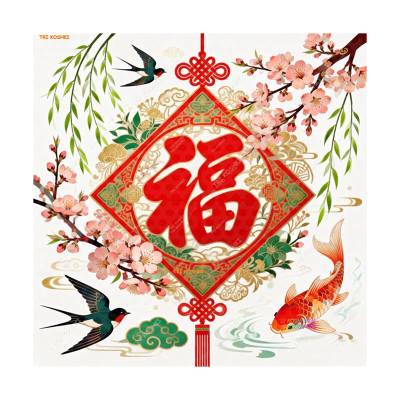 新款过年福字装饰贴纸玄关客厅墙面门窗燕子锦鲤春天风景福字墙贴