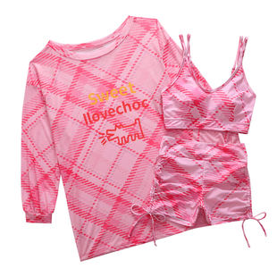 新款微胖大码三件套外罩泳衣女渐变色可爱学生显瘦遮肚高级感温泉