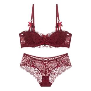 维多利亚多培尔性感蕾丝红色内衣女大胸显小收副乳大码文胸罩套装
