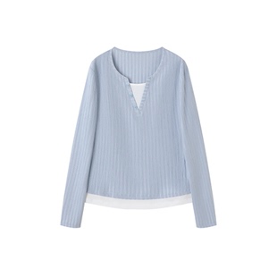 XWI欣未假两件褶皱肌理感长袖T恤女2026春季撞色拼接正肩显瘦上衣