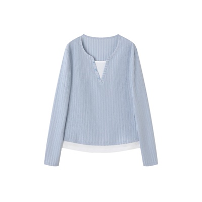 XWI欣未假两件褶皱肌理感长袖T恤女2026春季撞色拼接正肩显瘦上衣