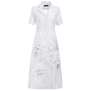 复古女人味裙子!春秋白色碎花连衣裙2371翻领优雅衬衫裙茶歇裙女