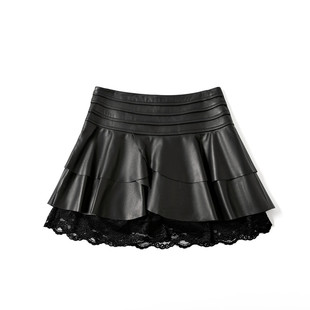 真皮小皮裙女绵羊皮半身裙2025新款海宁秋冬百褶蕾丝a字短裙蛋糕