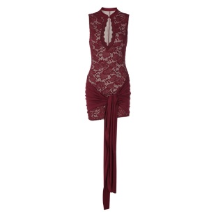 gusty新中式性感辣妹风酒红色紧身包臀裙御姐蕾丝飘带旗袍连衣裙