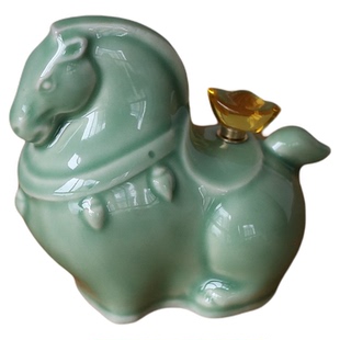 龙泉青瓷马上赚钱陶瓷生肖马茶宠摆件茶台装饰品招财纳福茶具配件