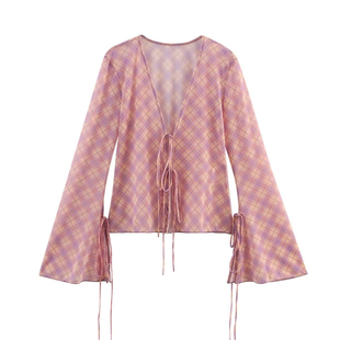 小菊川栗/梦洇栀络裙 温柔粉格子气质系带新中式蝴蝶结两件套长裙