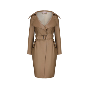 le palais vintage优雅御姐风奶茶色大领口翻领修身仿皮外套