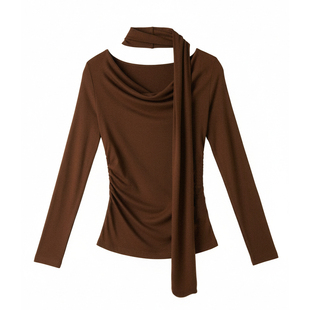 LIMONN 绝美荡领莱赛尔羊毛衫 棕色挂脖打底针织衫T恤温柔上衣冬