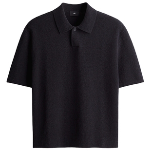 HM男装POLO衫春季翻领毛巾布下摆收口宽松短袖针织衫1281072