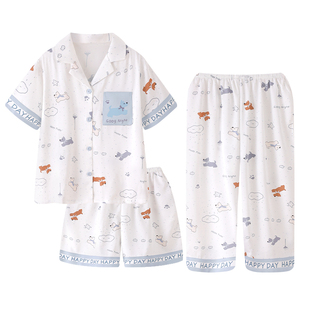 儿童睡衣夏季冰丝新款中大男童家居服夏天薄款小孩空调服三件套装