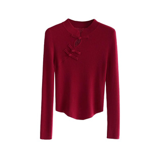 ROCO2026春季超细羊毛纱线盘扣新中式国风显白红色针织毛衣上衣