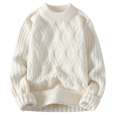 提花毛衣男秋冬季青少年加厚保暖线衣休闲宽松男款针织打底衫上衣