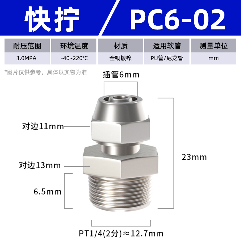 品气动铜快拧接头气管快速快插螺纹直通外丝PC8026024M51204