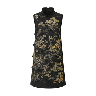 【马上有戏】VGRASS26早春新款定位绣花水貂毛领旗袍式立领连衣裙