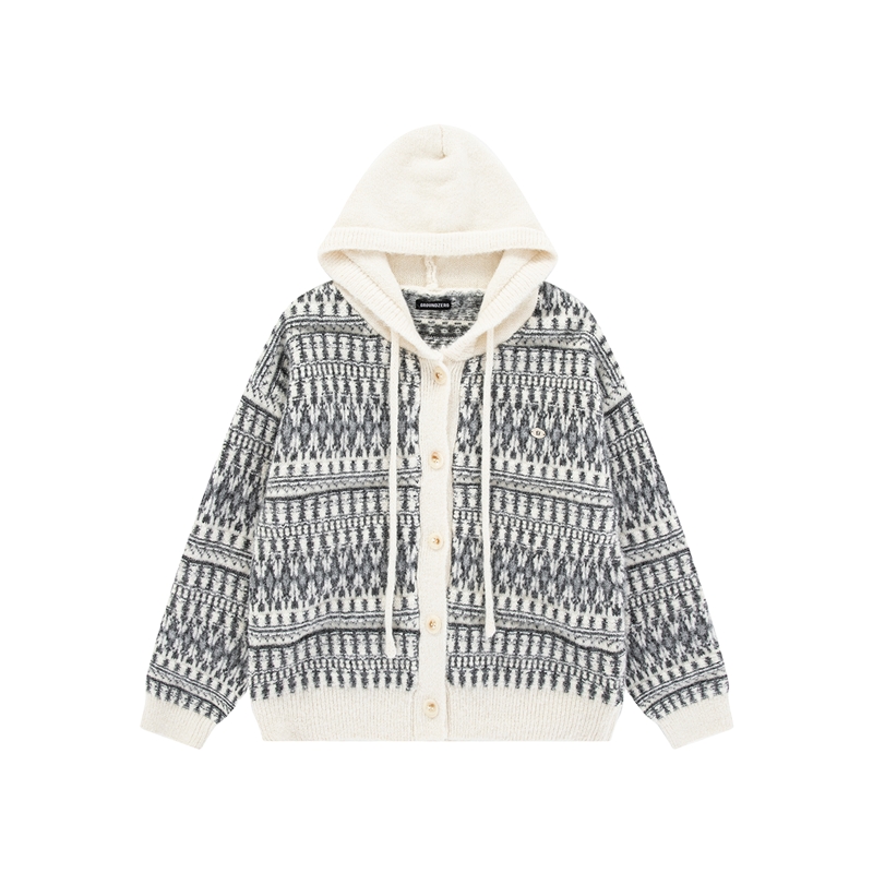 i.t GROUNDZERO韩系2025秋冬杏色连帽撞色长袖毛衣针织开衫女