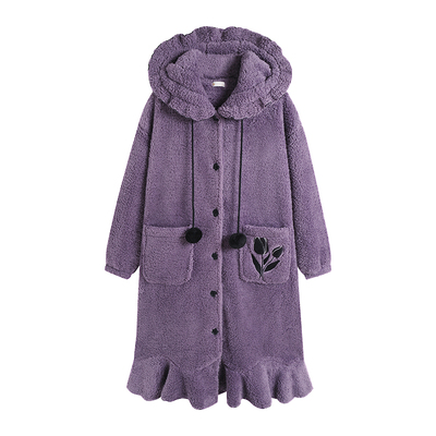 冬季珊瑚绒加厚保暖连帽中长睡袍