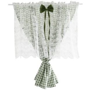 鸢尾乡旅窗帘半帘美式门帘绣花穿杆帘柜帘防尘帘咖啡帘半遮光格子