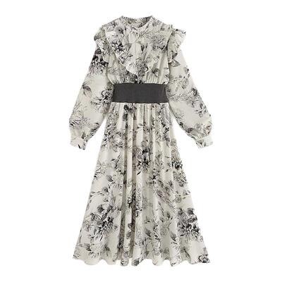 日本直邮日潮 GRL 花卉蕾丝腰部收紧喇叭裙连衣裙 kz413荷叶边