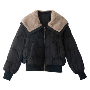 美拉德棕咖色白鸭绒面包羽绒服女士2025冬季新款羊羔毛翻领短外套