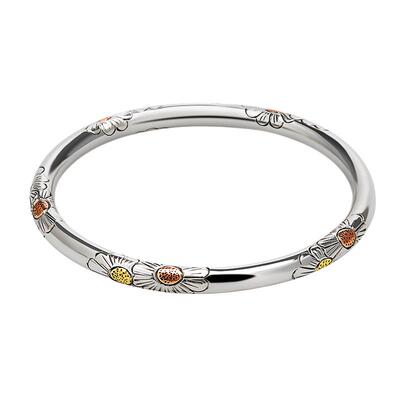 小雏菊足银999纯手工手镯复古镶铜民族风镯子礼物女性纯银手环