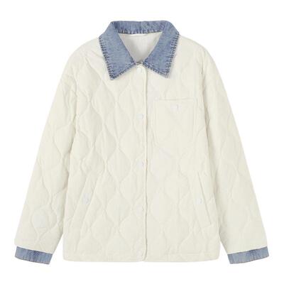 Basic House/百家好菱格羽绒服女2026冬季牛仔拼接假两件宽松外套