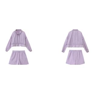 PIT复古紫色抽绳两件套短裤长袖衬衫外套女夏季新款时尚套装