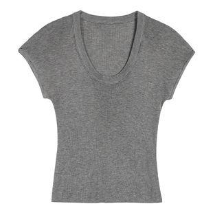 pusumede 【现货8.5折】白色U领短袖t恤女修身短款针织薄上衣