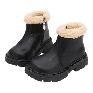 儿童真皮皮靴女童加绒公主靴保暖靴子2025秋冬季新款黑色女孩童靴