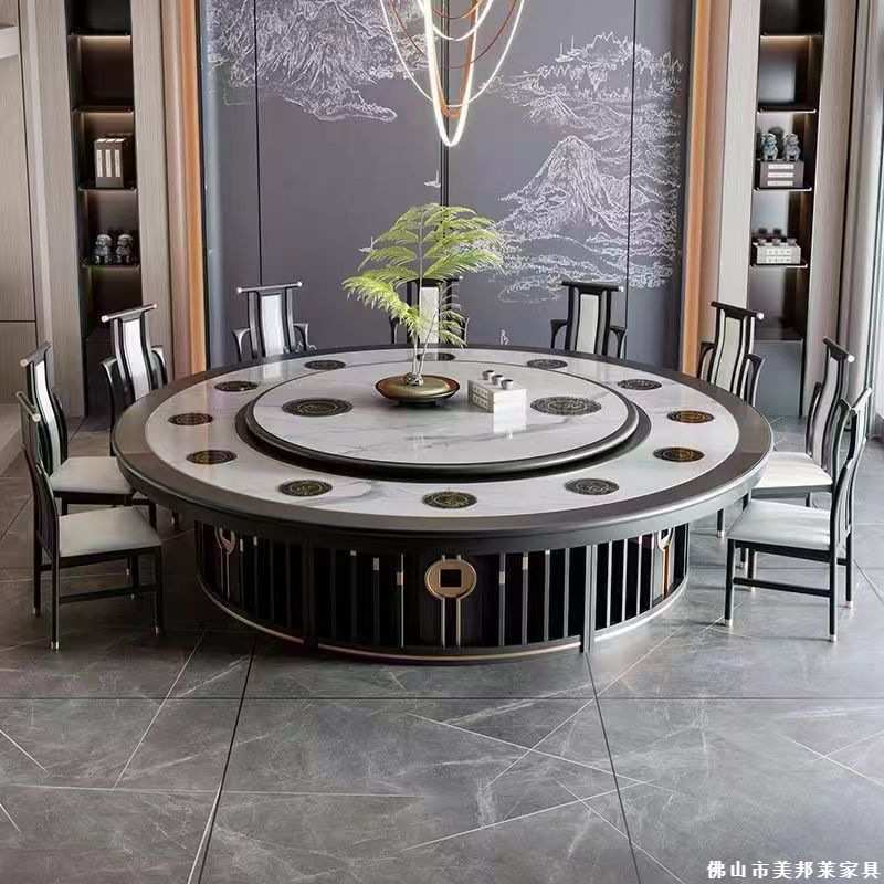 轻奢岩板圆桌电动一体电磁炉岩板餐桌15人20人酒店商用全自动圆桌