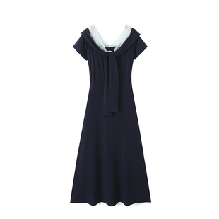 法式显瘦简约连衣裙大码女装一字肩蕾丝拼接200斤胖mm气质宴会裙