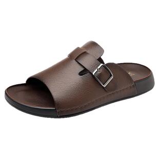 木林森头层牛皮拖鞋男夏季外穿2025新款时尚百搭一字拖男士沙滩鞋