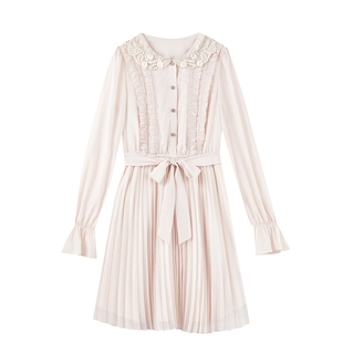 MISSCOCOON可可尼长袖雪纺百褶裙女2026春季新款蕾丝木耳边连衣裙