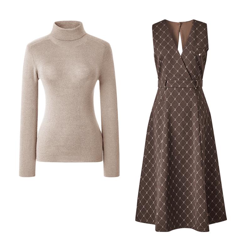 颜域咖色套装无袖连衣裙针织衫两件套2025新款女装冬季穿搭一整套
