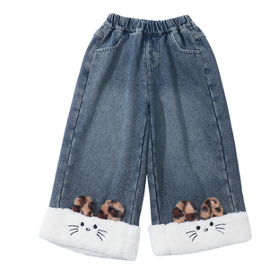 女童加绒裤子秋冬季超好看儿童冬装阔腿裤女宝宝加厚一体绒牛仔裤