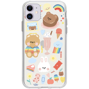 ins贴纸风可爱小熊适用苹果15手机壳iphone13透明14pro全包max防摔14promax硅胶保护套ip11/12