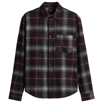 HM男装衬衫2025冬季新款宽松法兰绒格子衫长袖保暖衬衣1296170