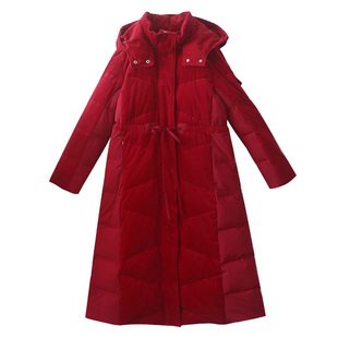 【358元区】红色长款羽绒服女冬季加厚款收腰显瘦灯芯绒棉服外套