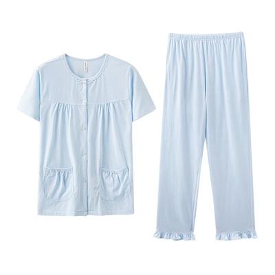 睡衣女夏季短袖长裤纯棉纯色提花