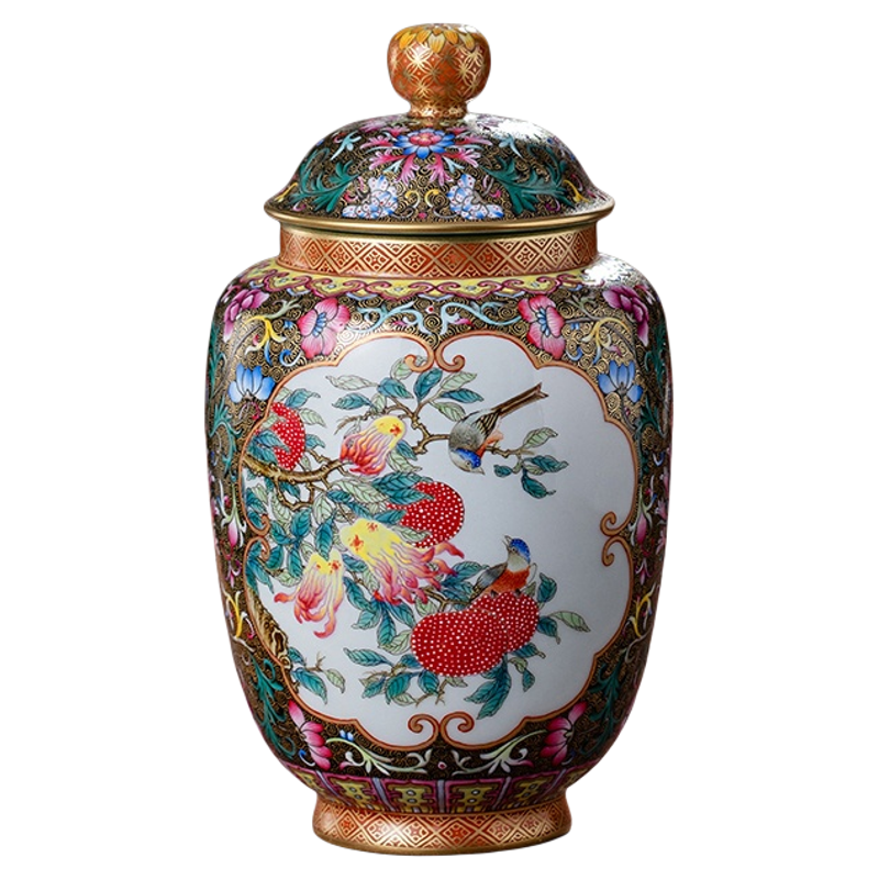 钟家窑景德镇珐琅彩花鸟茶叶罐