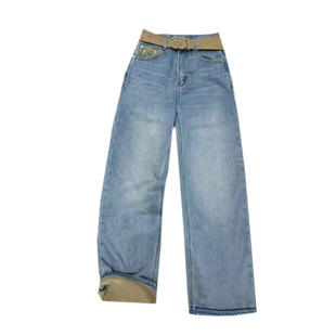 植绒牛仔裤女2025新款冬季加绒高腰显瘦窄版直筒裤女设计感时尚