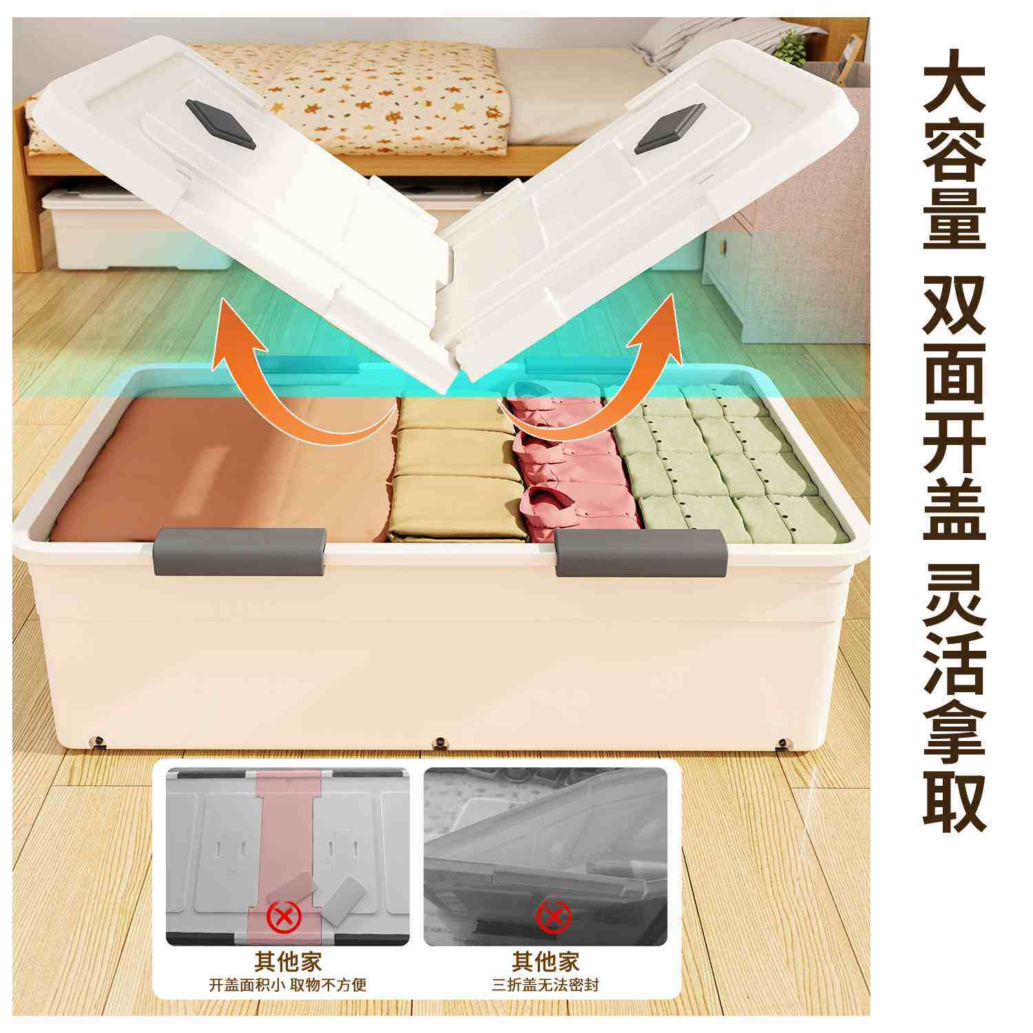 床底收纳箱抽屉式扁平带滑轮床下储物箱被子衣服超大号塑料整理盒