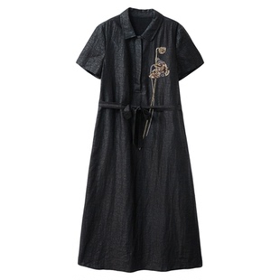 现货 重工钉珠 香云纱龟纹真丝翻领连衣裙100%桑蚕丝短袖收腰裙夏