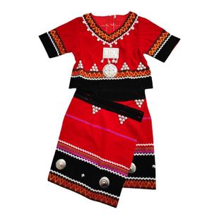 成人短袖佤族女套装枣红色裹裙瓦甩发舞佤族服饰云南少数民族服装