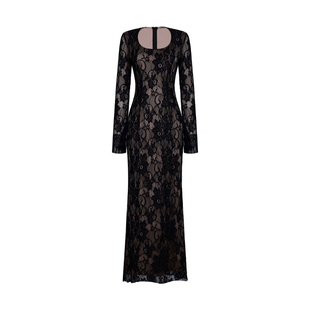 XULU原创新款黑色蕾丝百搭性感微透包臀裙气质修身圆领长袖连衣裙